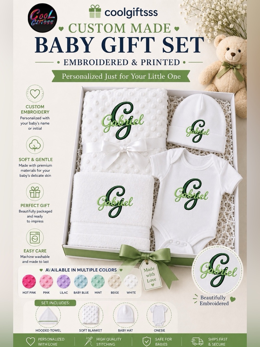Custom Baby Gift Set - Custom made Towel, blanket, onesie, hat New personalized